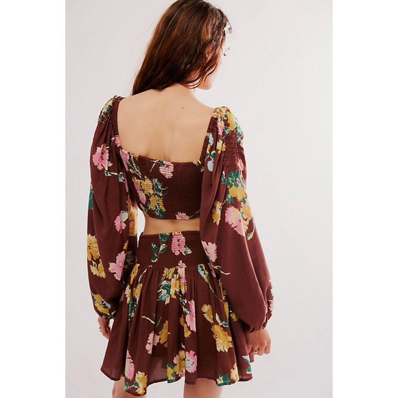 NWT Free People Dusk Til Dawn Skirt Set Long Sleeve Crop Top Floral Brown Small - Picture 4 of 14
